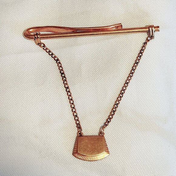 Vintage Anson 1/20 12K G.F. Tie Bar With‎ Chain And Blank Monogram Pendant - Picture 1 of 3